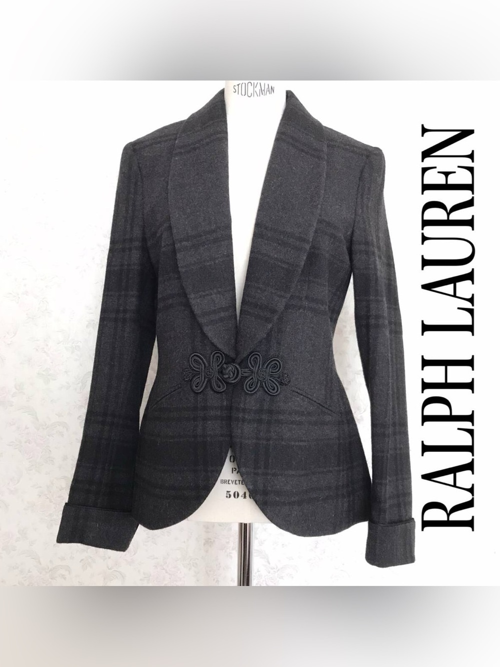 EUC Ralph Lauren Y2K Grey Madarin Frog Closure Plaid Blazer Jacket 8